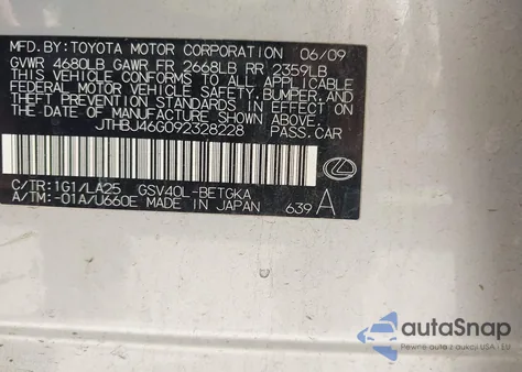 2009 Lexus Es 350 z USA, uszkodzony, nr VIN JTHBJ46G092328228